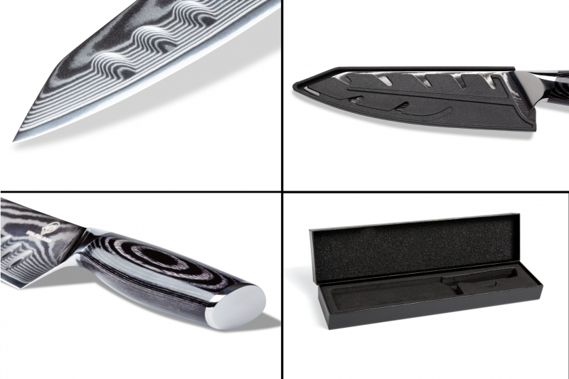 Chefmesser-Details-Damas-Küchenmesser-Santoku-Kochnmesser-Scharfes-Küchenmesser-Damast-Küchenmesser-Damast-Messer